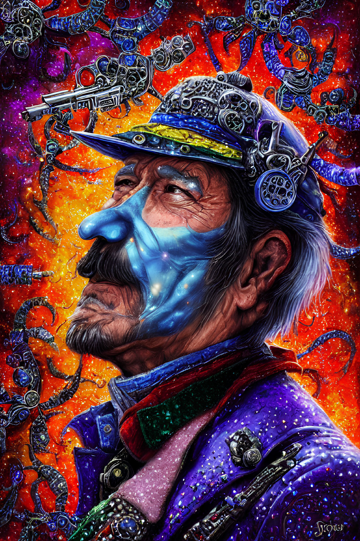 Colorful man with steampunk hat and galaxy face paint in cosmic setting