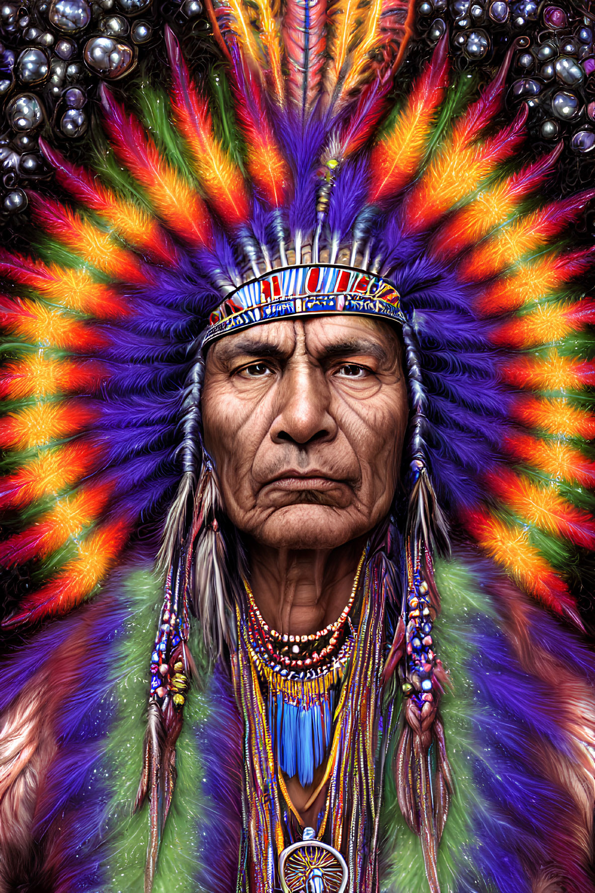 Person in Native American headdress with intricate beading and feathers on colorful background