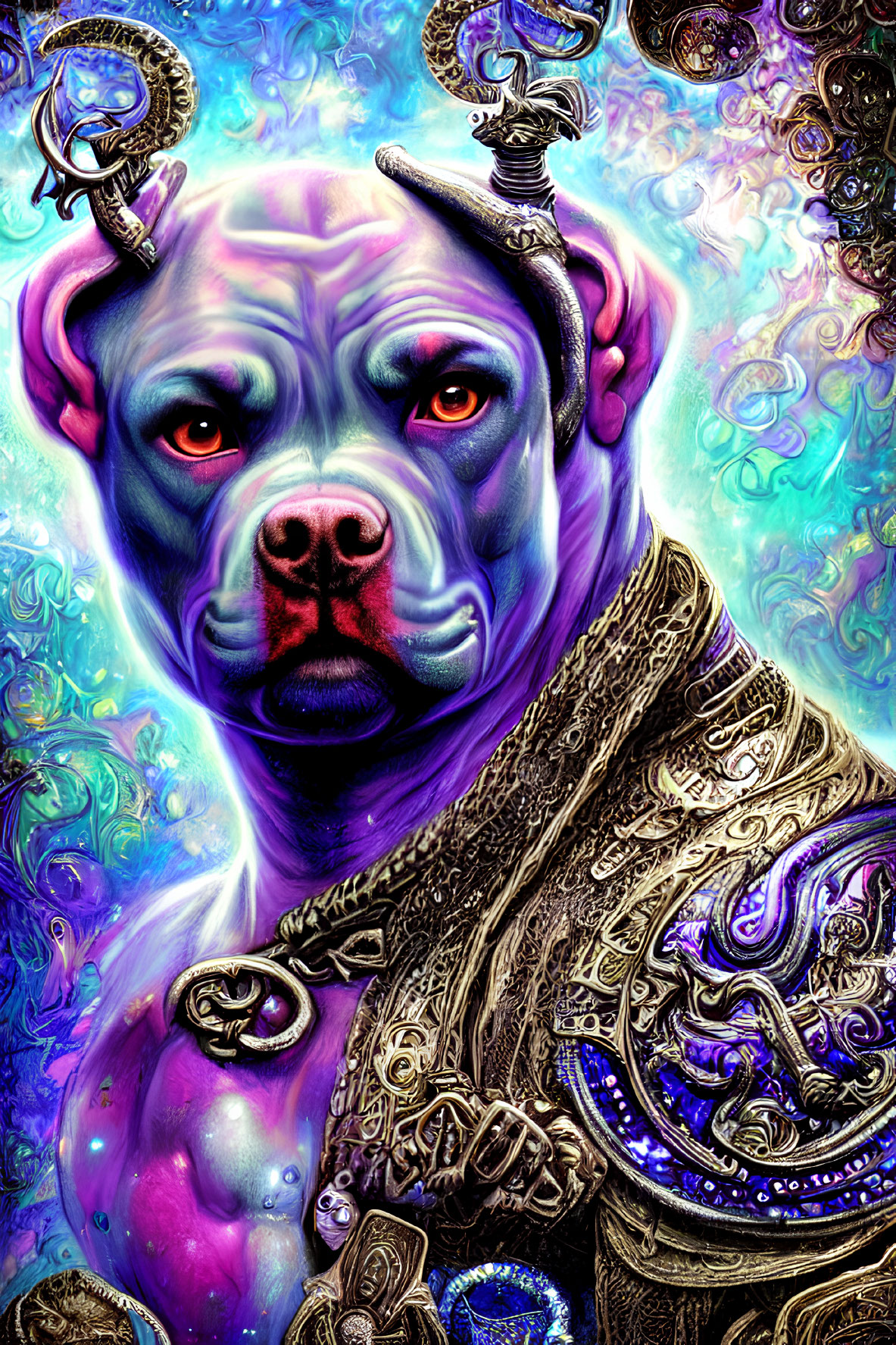 Colorful fantasy artwork of a dog in ornate armor with human-like eyes