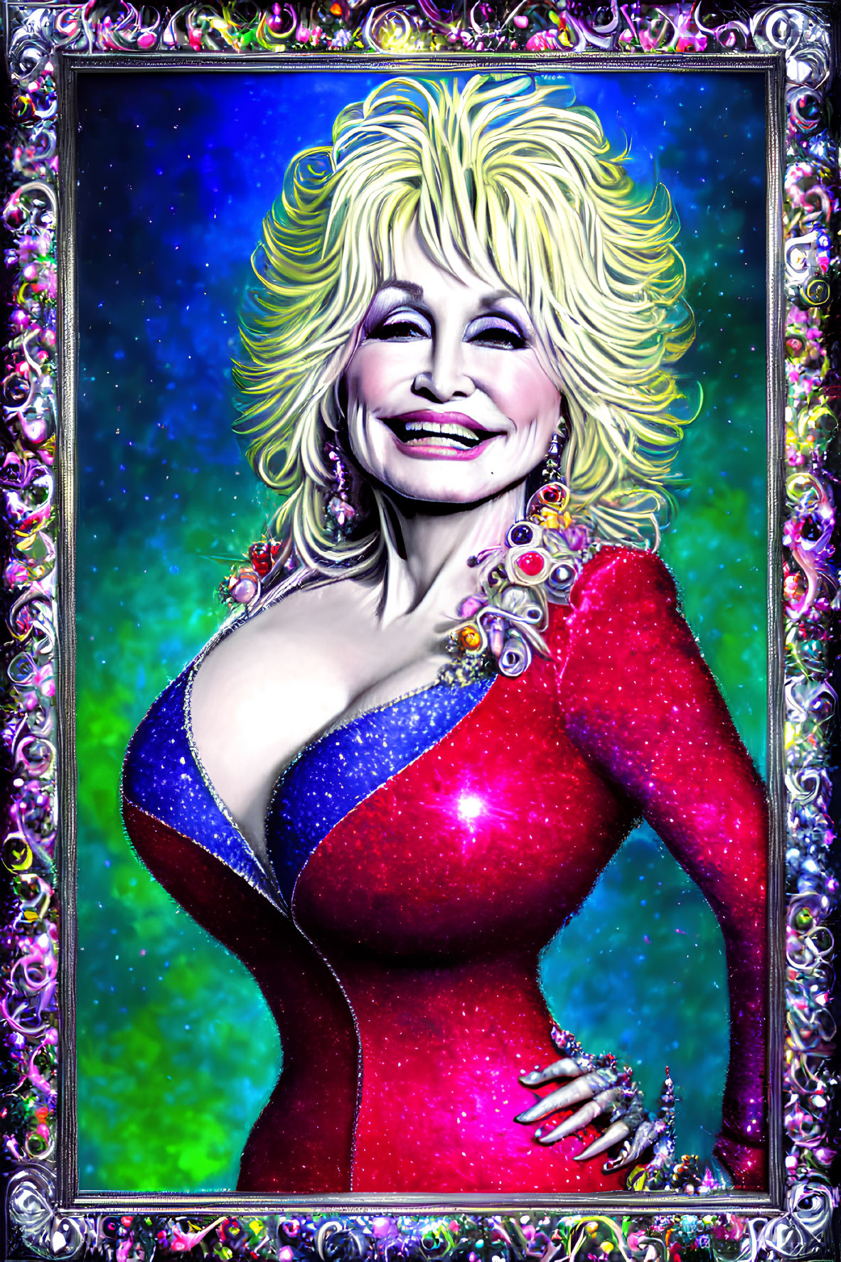 Colorful Portrait of Smiling Woman in Sparkly Outfit