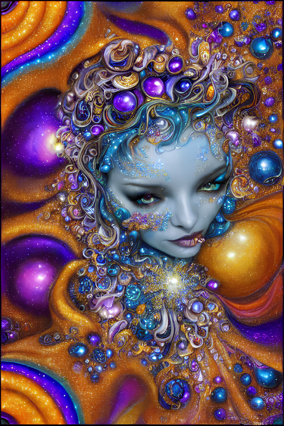 Fantasy Artwork: Blue-Skinned Character with Gold and Purple Patterns