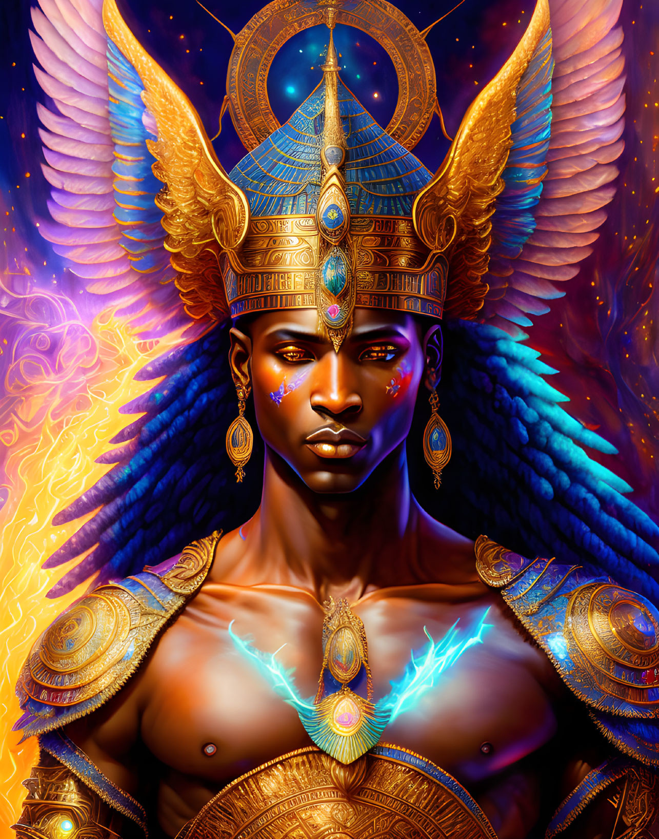 Regal figure in golden armor with celestial symbols and fiery wings