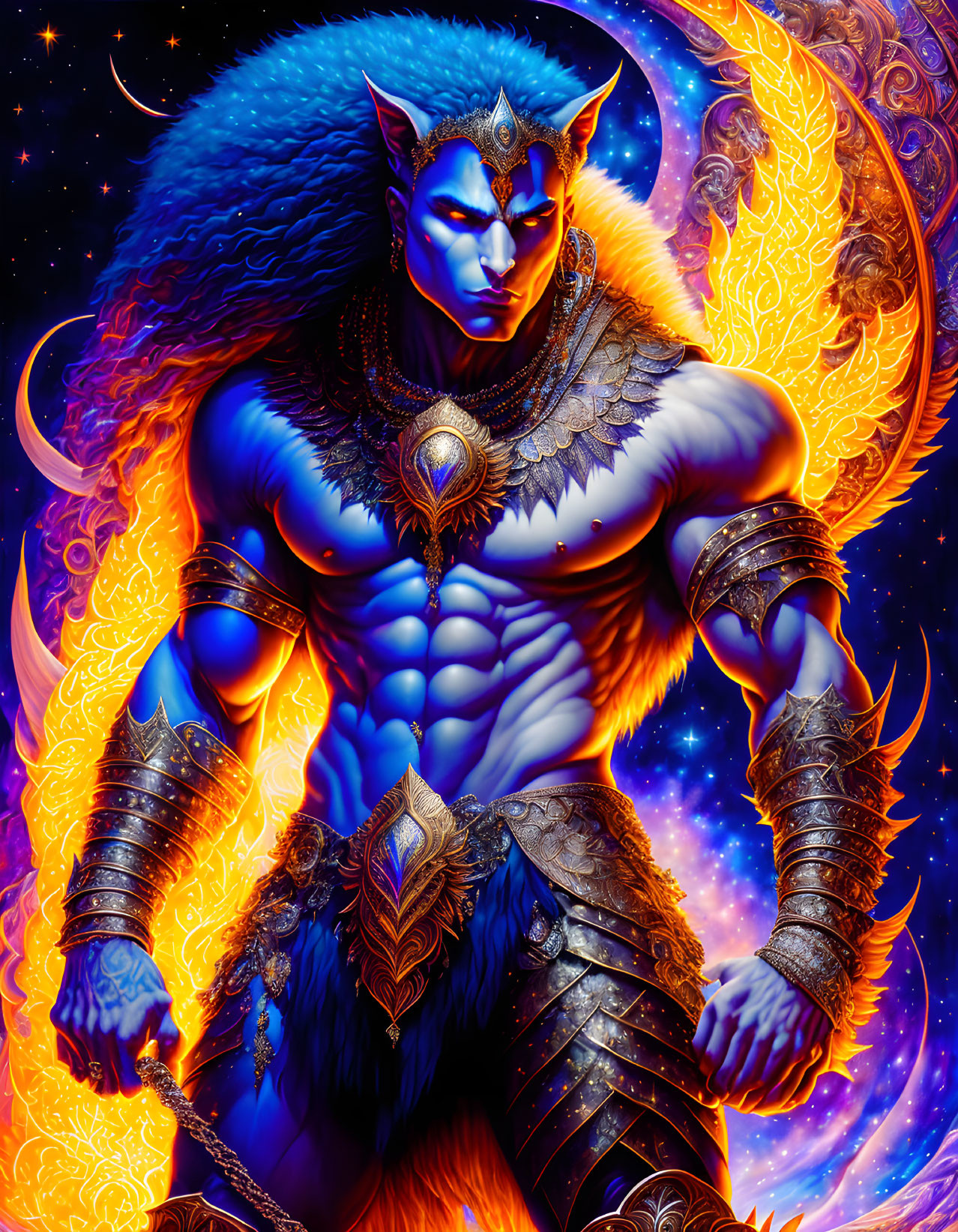 Blue-skinned humanoid with wolf features in ornate armor on fiery orange background