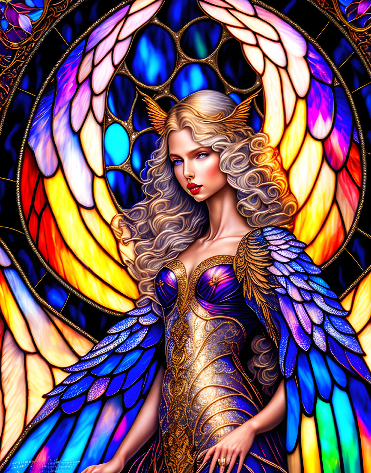 Majestic winged woman in golden armor against stained-glass backdrop