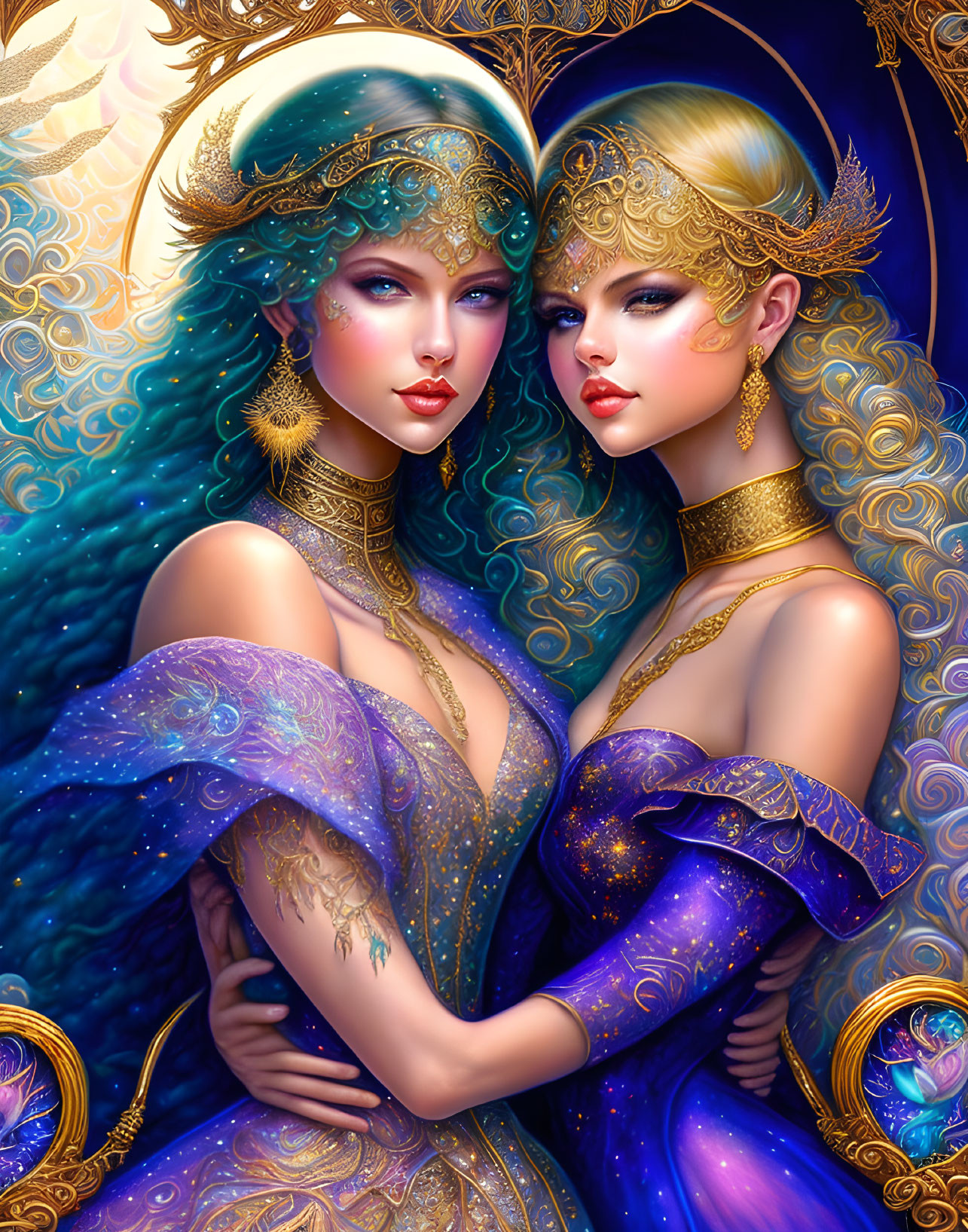 Two women with blue and blonde hair, golden crowns, and purple gowns in mystical embrace.