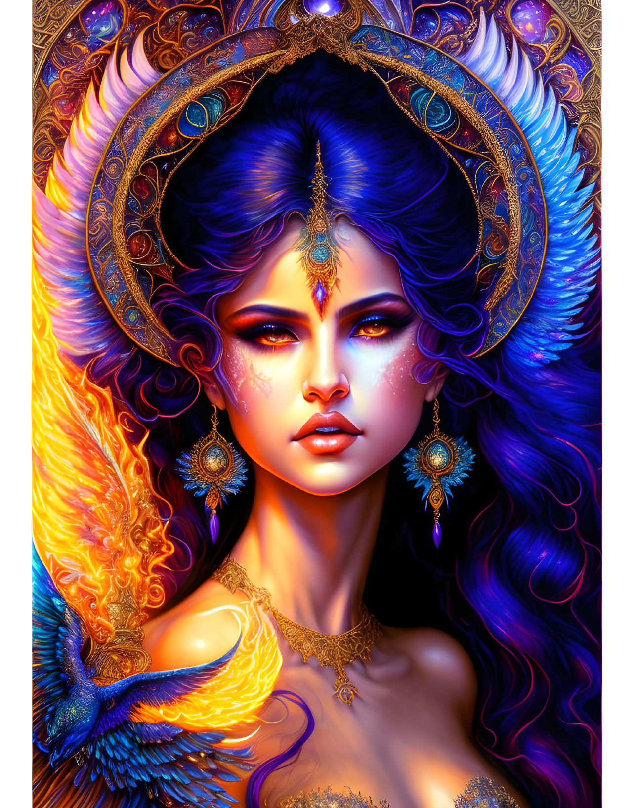 Colorful portrait of a woman with blue hair and phoenix motif headdress.