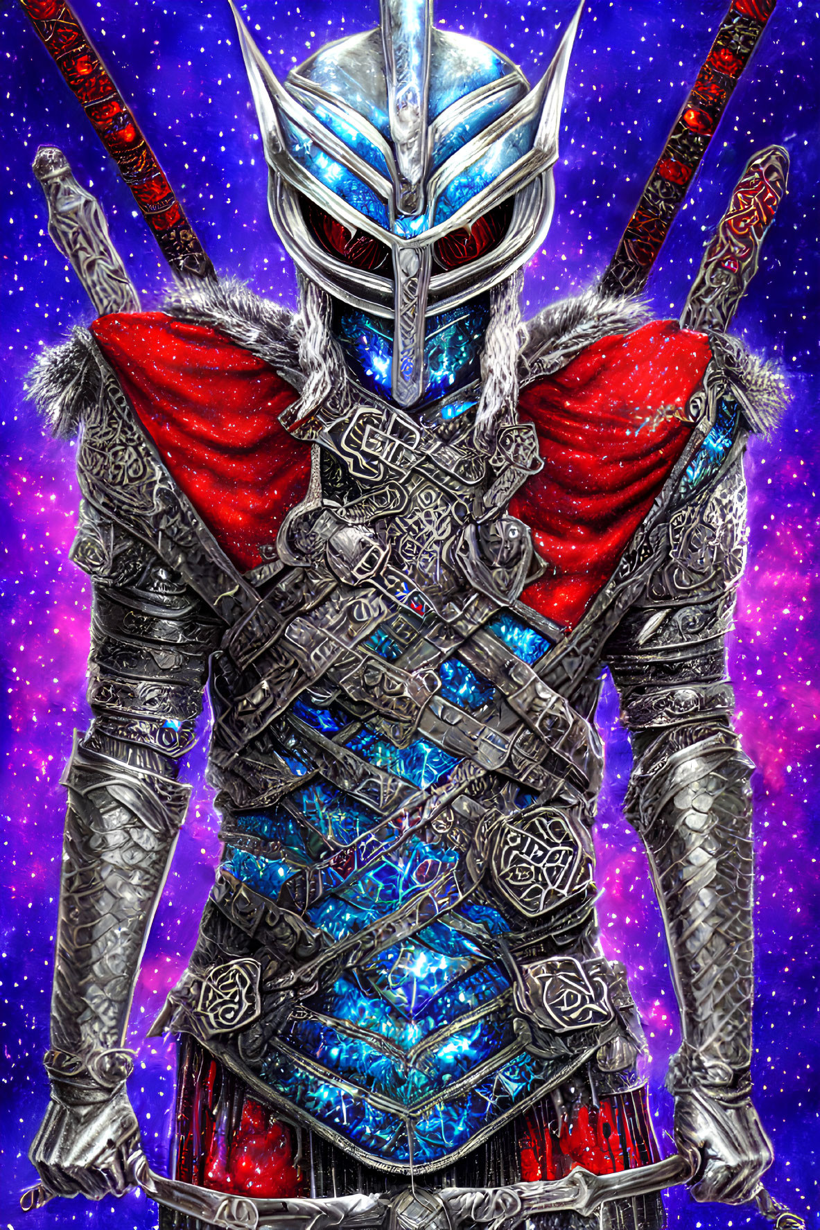 Futuristic knight in silver and blue armor with glowing patterns against starry space background
