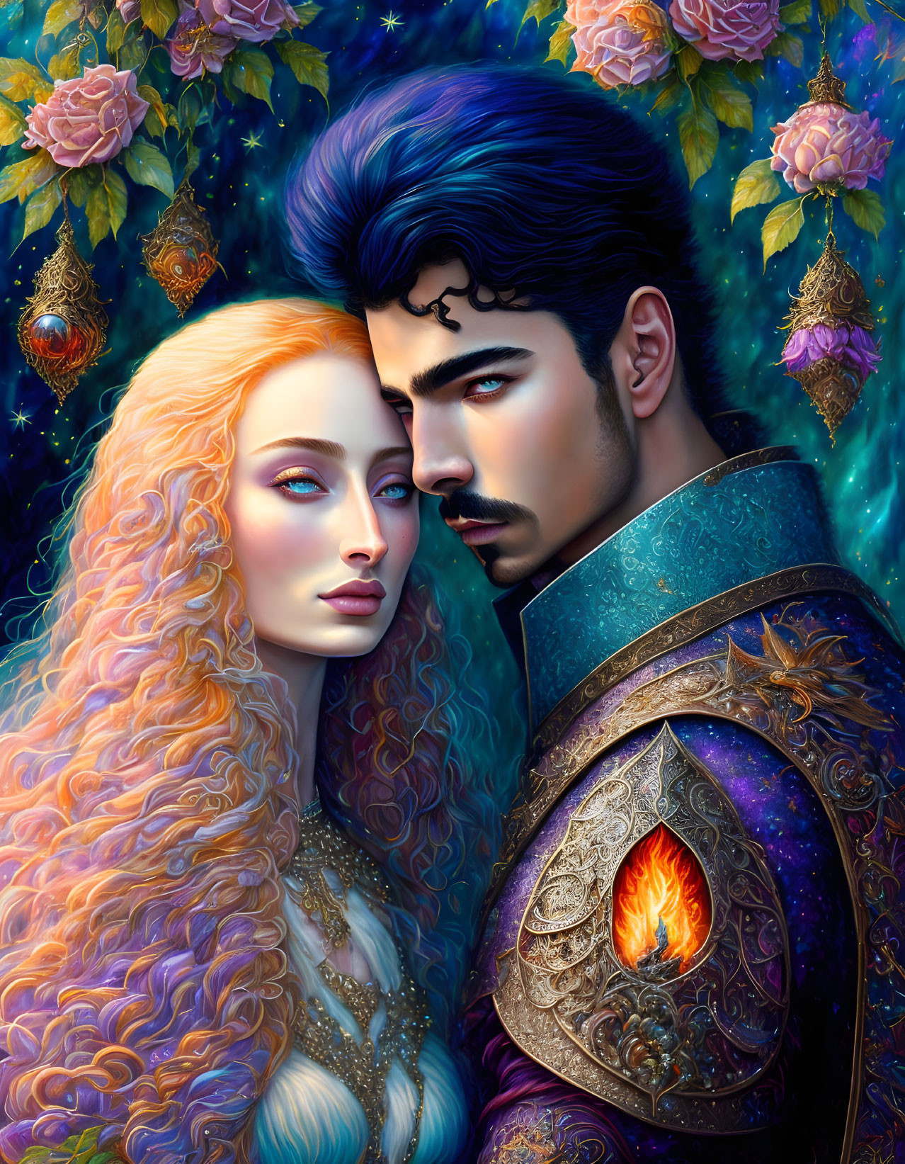 Fantasy-themed illustration of fair-skinned woman and man with detailed attire on starry background.