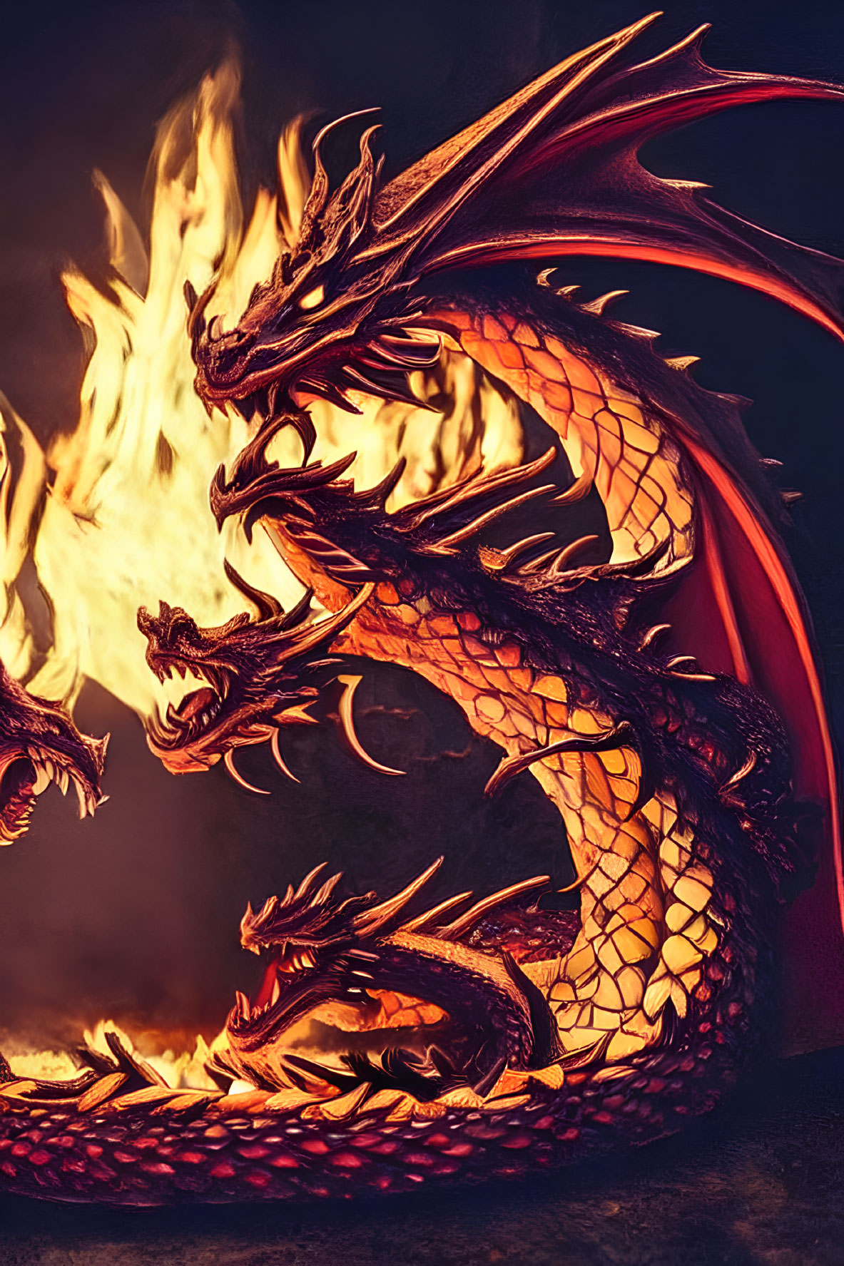 Multi-Headed Dragon Surrounded by Flames
