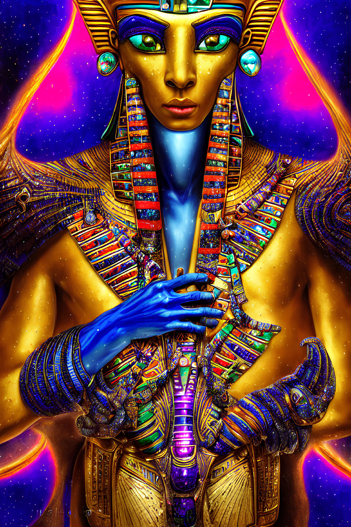 Colorful Egyptian Pharaoh Artwork with Cosmic Background
