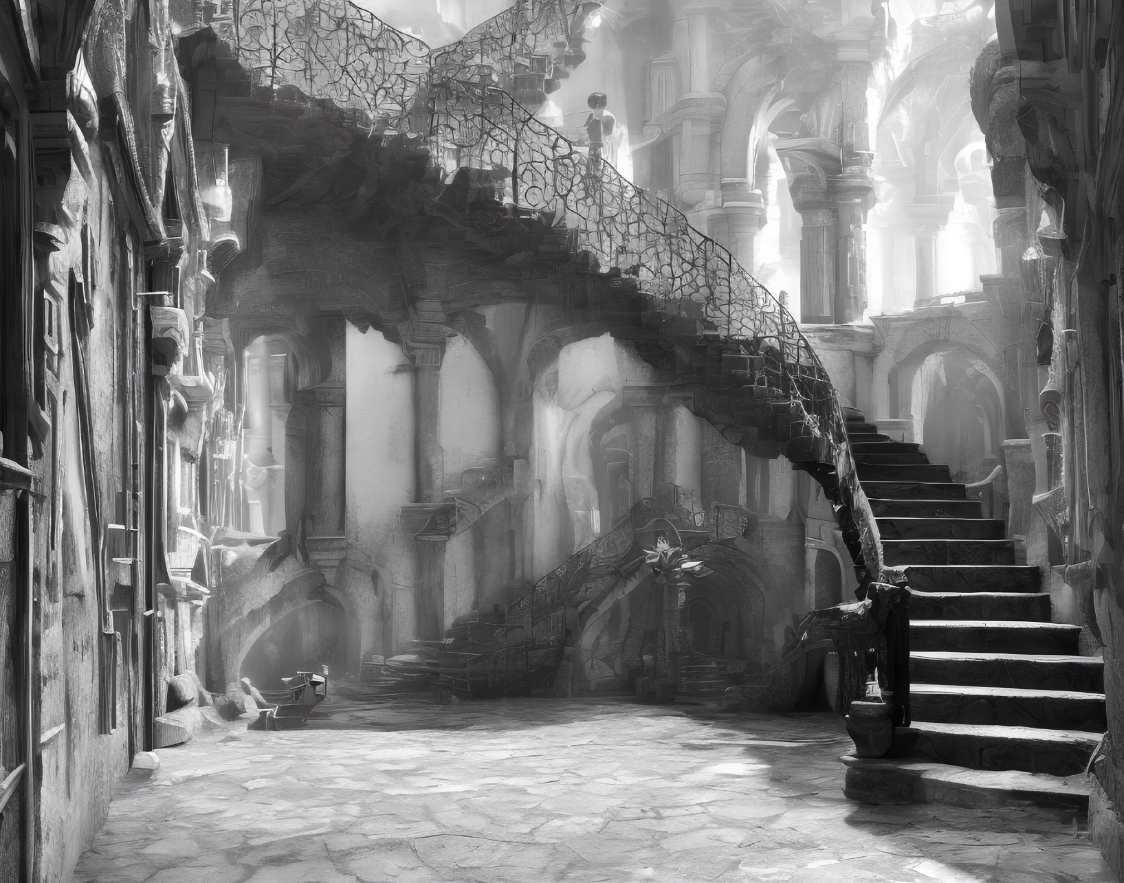 Monochrome image of ancient stone courtyard with figure on staircase