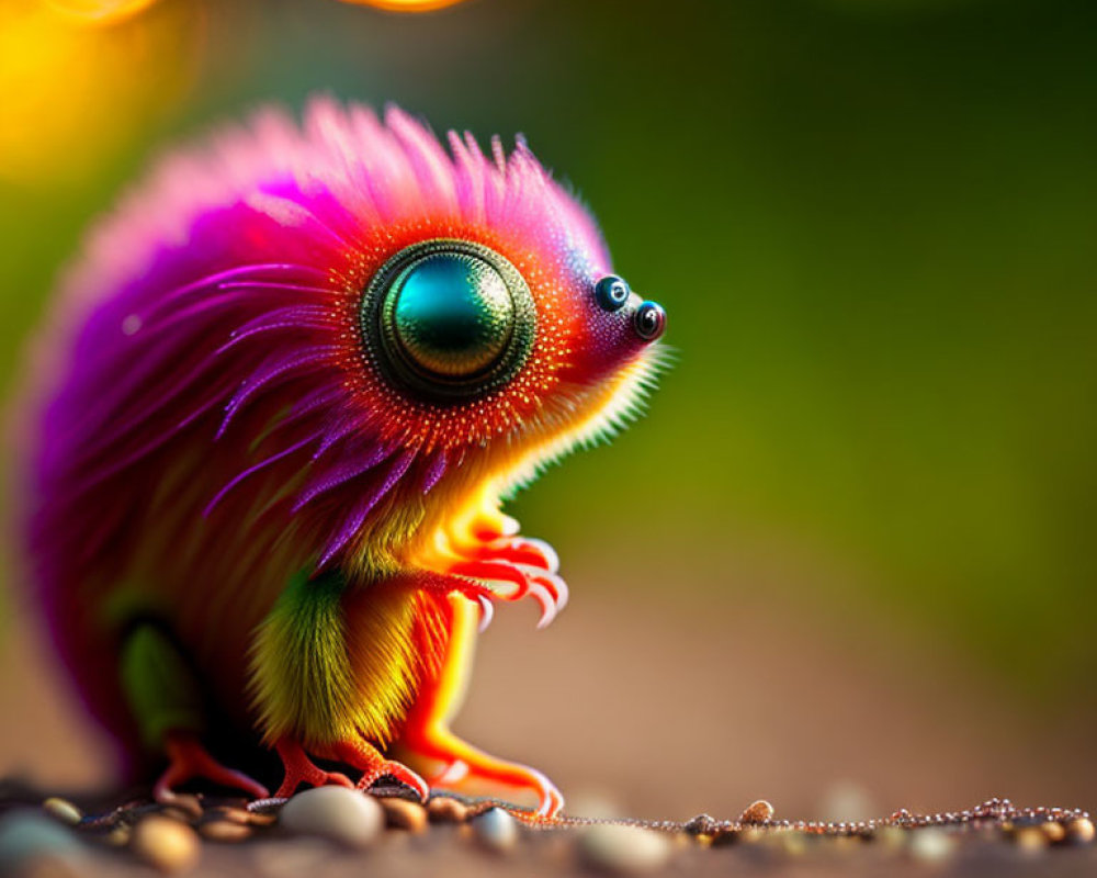 Colorful fantastical creature with bright feathers and large green eyes in warm, illuminated setting