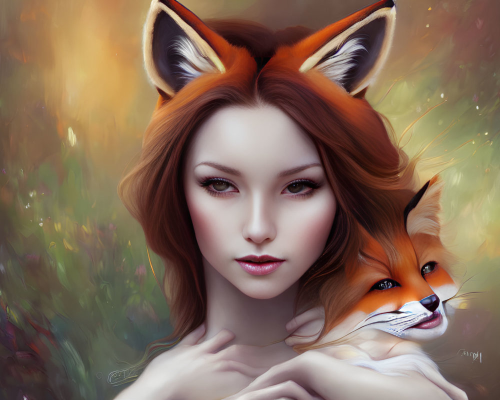 Fantasy illustration of woman with fox ears embracing a real fox