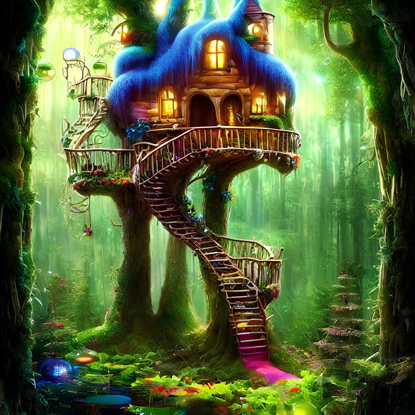 Whimsical treehouse with blue thatched roof in enchanted forest