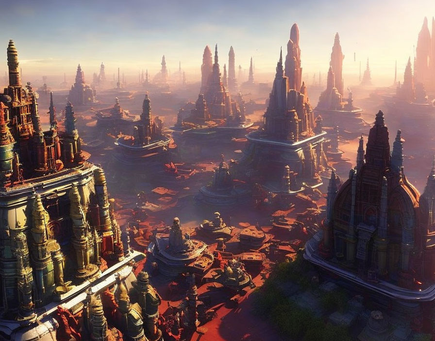 Fantastical Cityscape with Towering Spires and Flying Vehicles