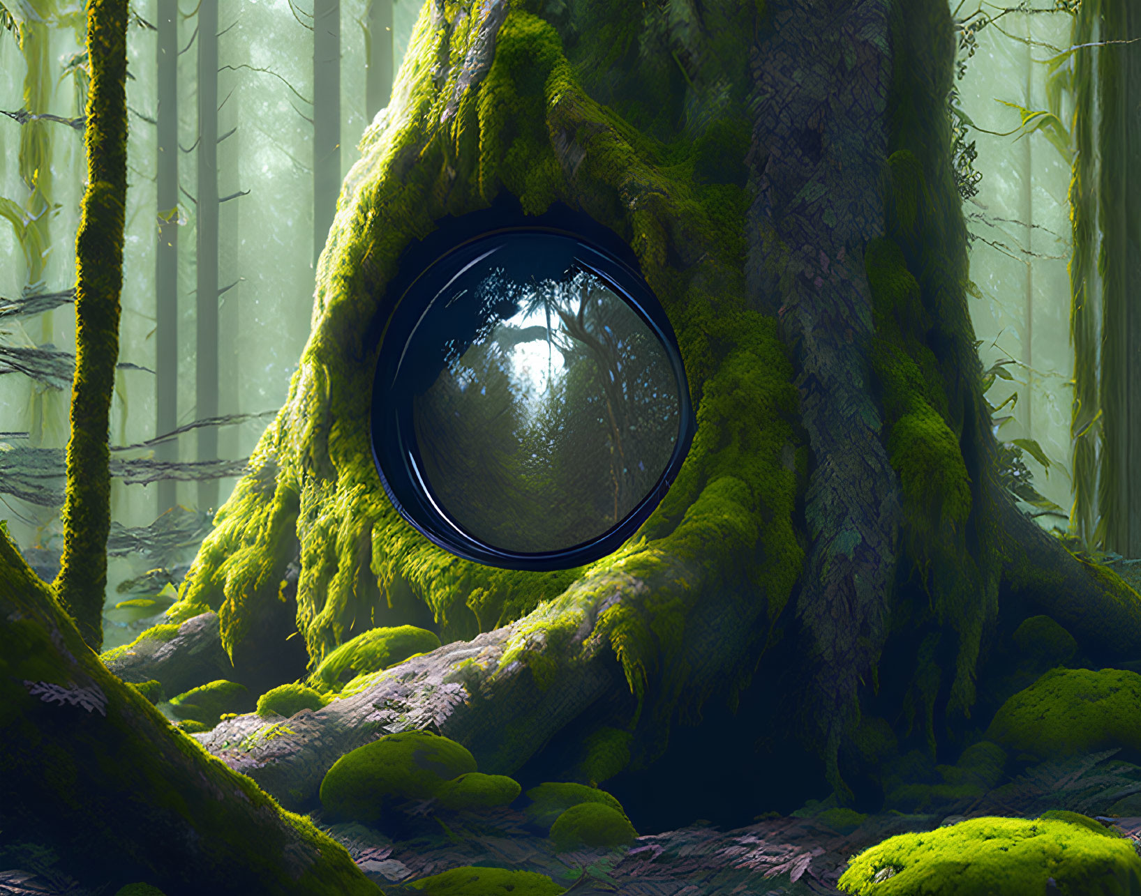 Mystical circular portal in tree trunk in sunlit forest