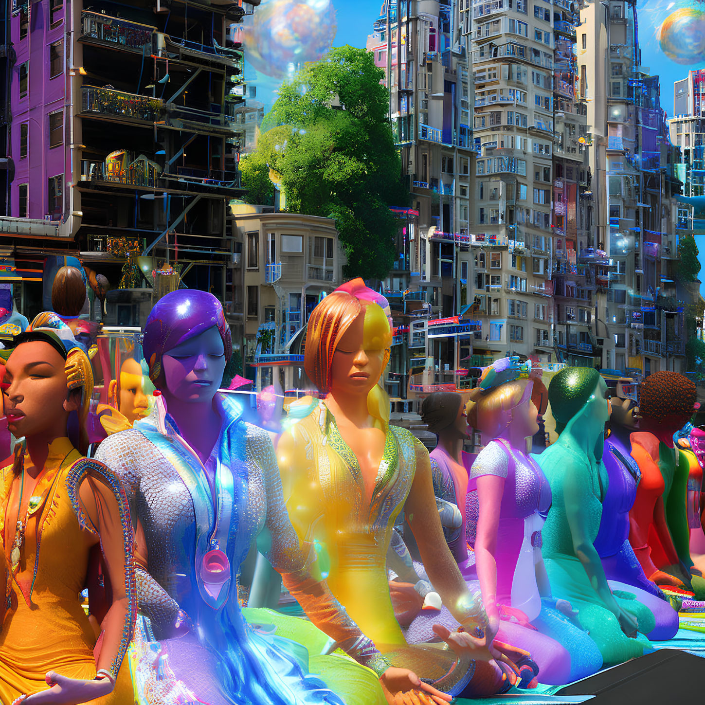 Vibrant holographic people in futuristic cityscape gathering
