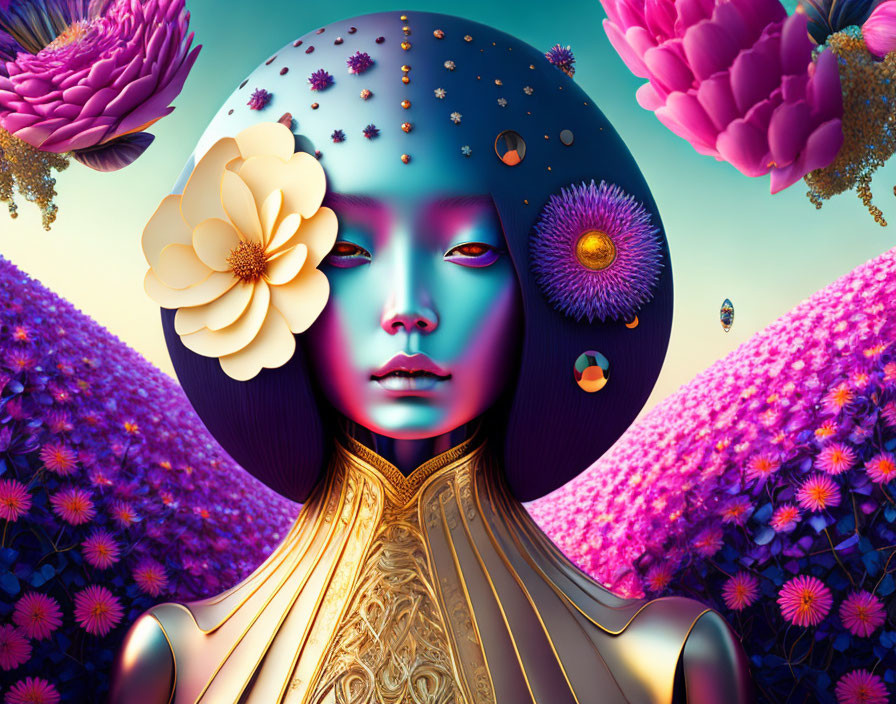 Blue-skinned woman with cosmic hair in surreal portrait among vibrant flowers