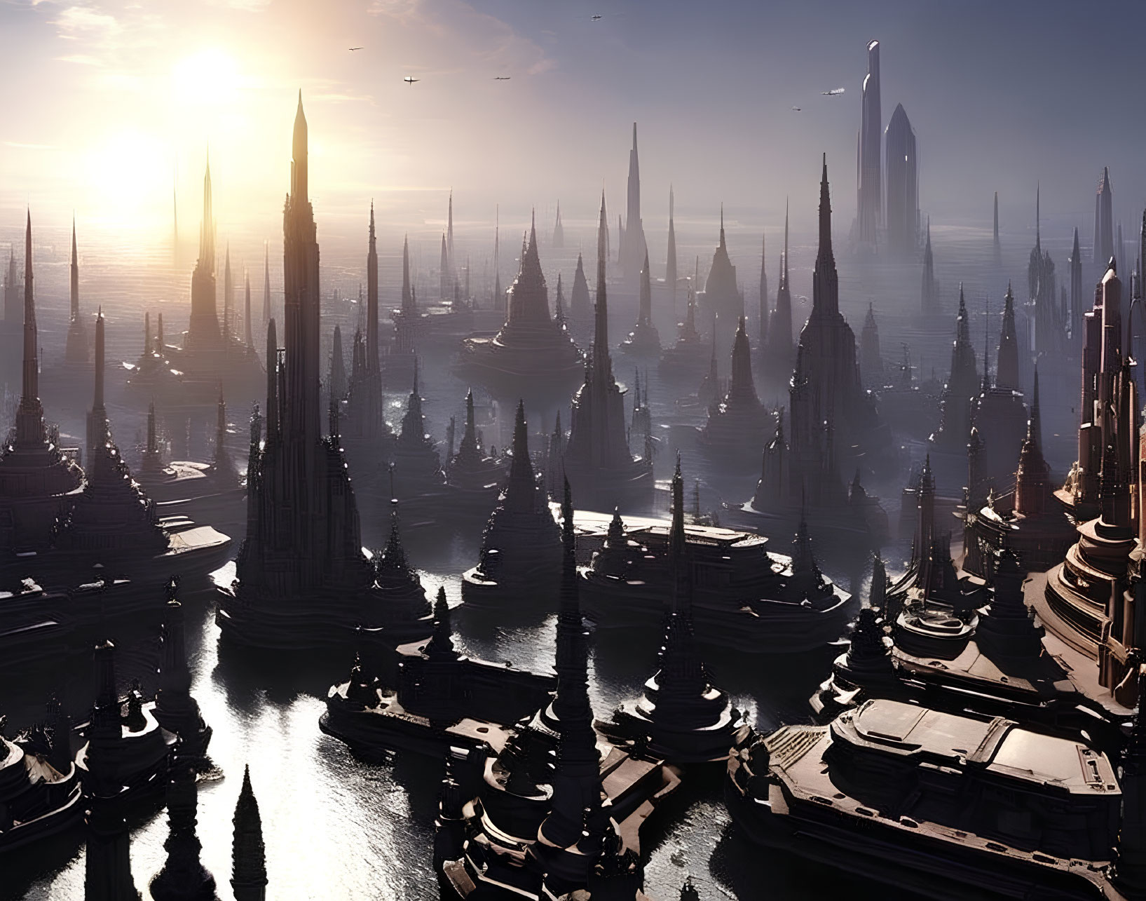 Futuristic cityscape with towering spires at sunrise
