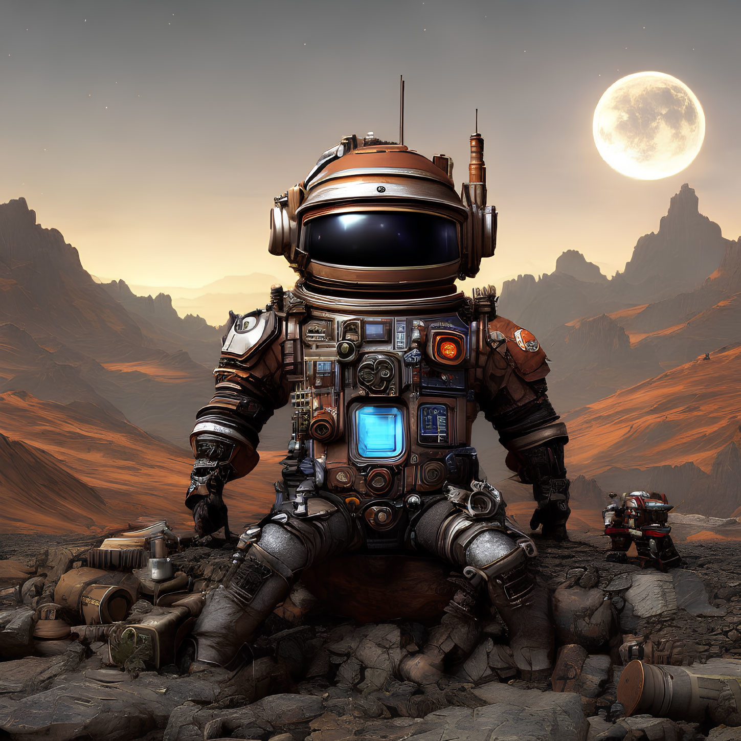 Detailed Astronaut in Robotic Suit on Mars-like Terrain with Rover and Moon in Sky