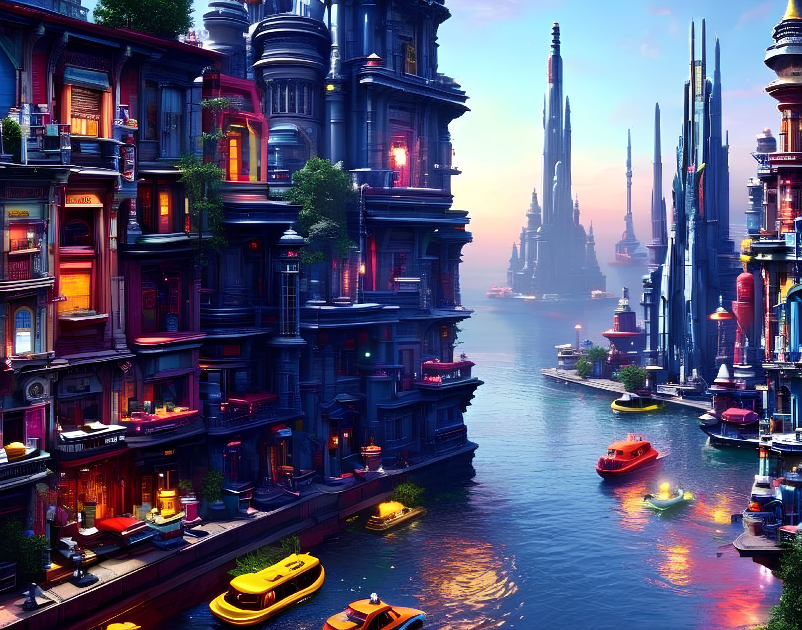 Futuristic cityscape with towering buildings, canal, boats, and glowing lights