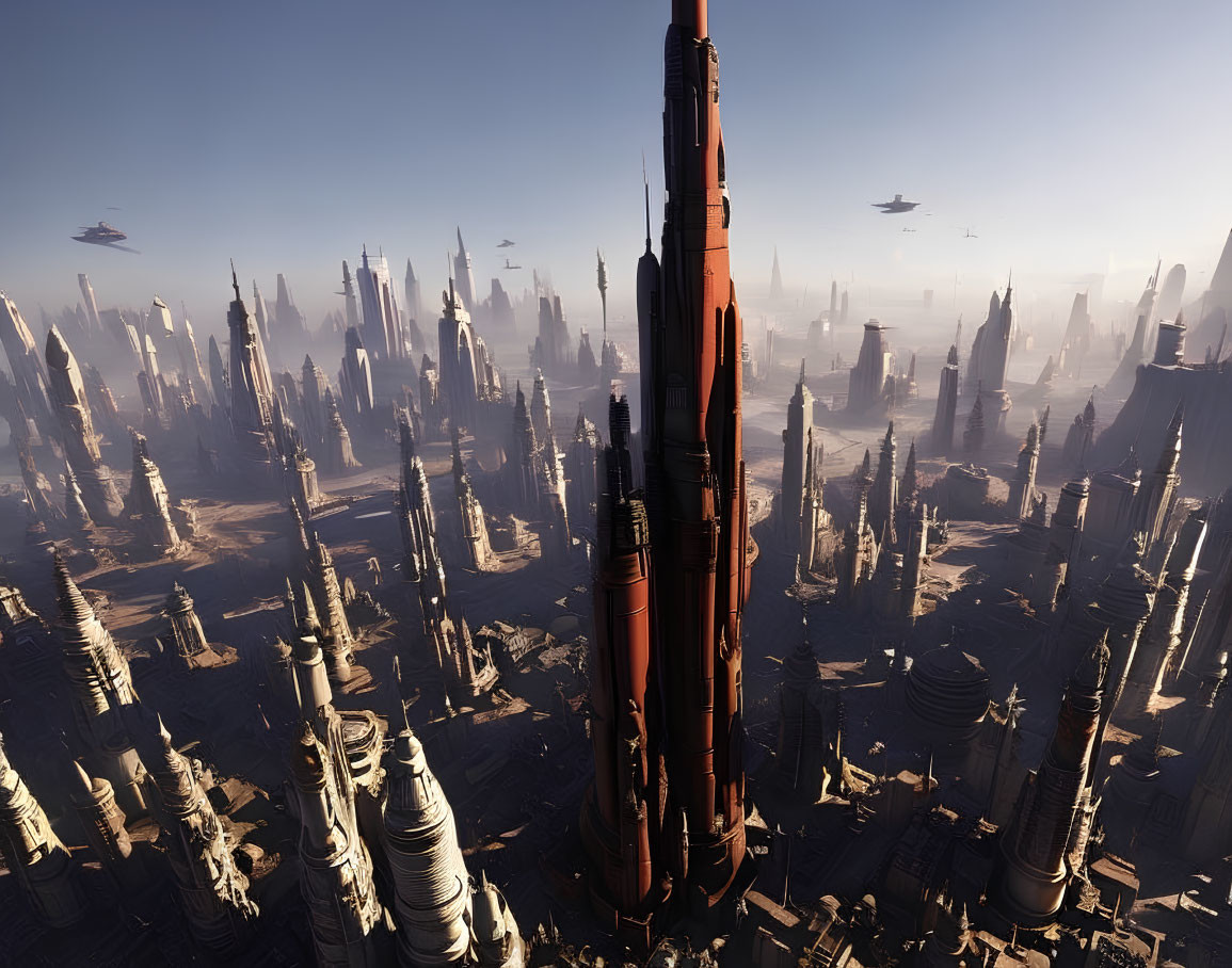 Futuristic cityscape with towering skyscrapers and flying vehicles