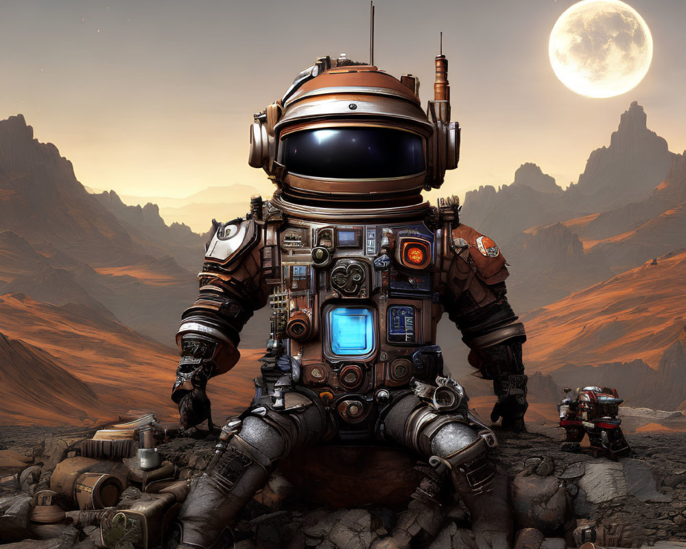 Detailed Astronaut in Robotic Suit on Mars-like Terrain with Rover and Moon in Sky