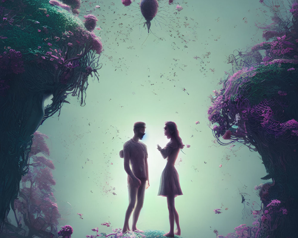 Two individuals on cliff edge in mystical purple forest with floating islands.
