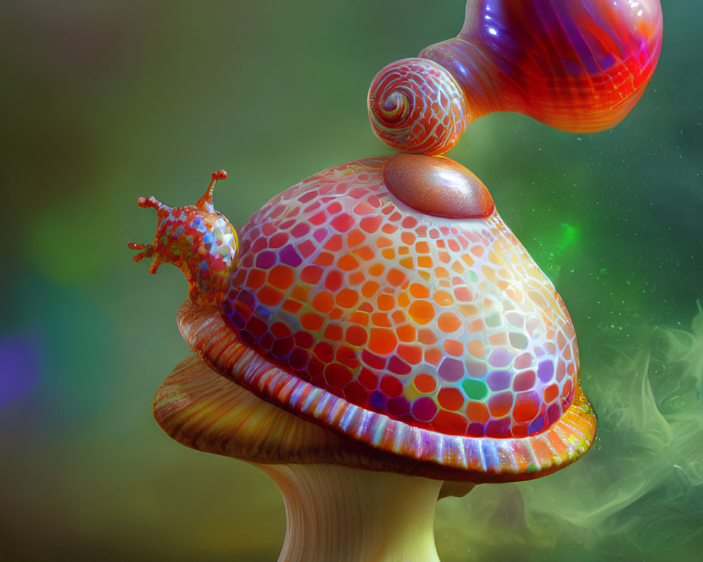 Colorful patterned mushroom with smaller one and whimsical creature on top