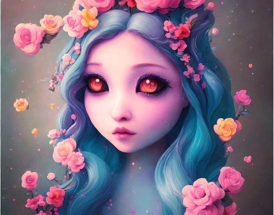 Whimsical girl with glowing eyes and blue hair in dreamy setting