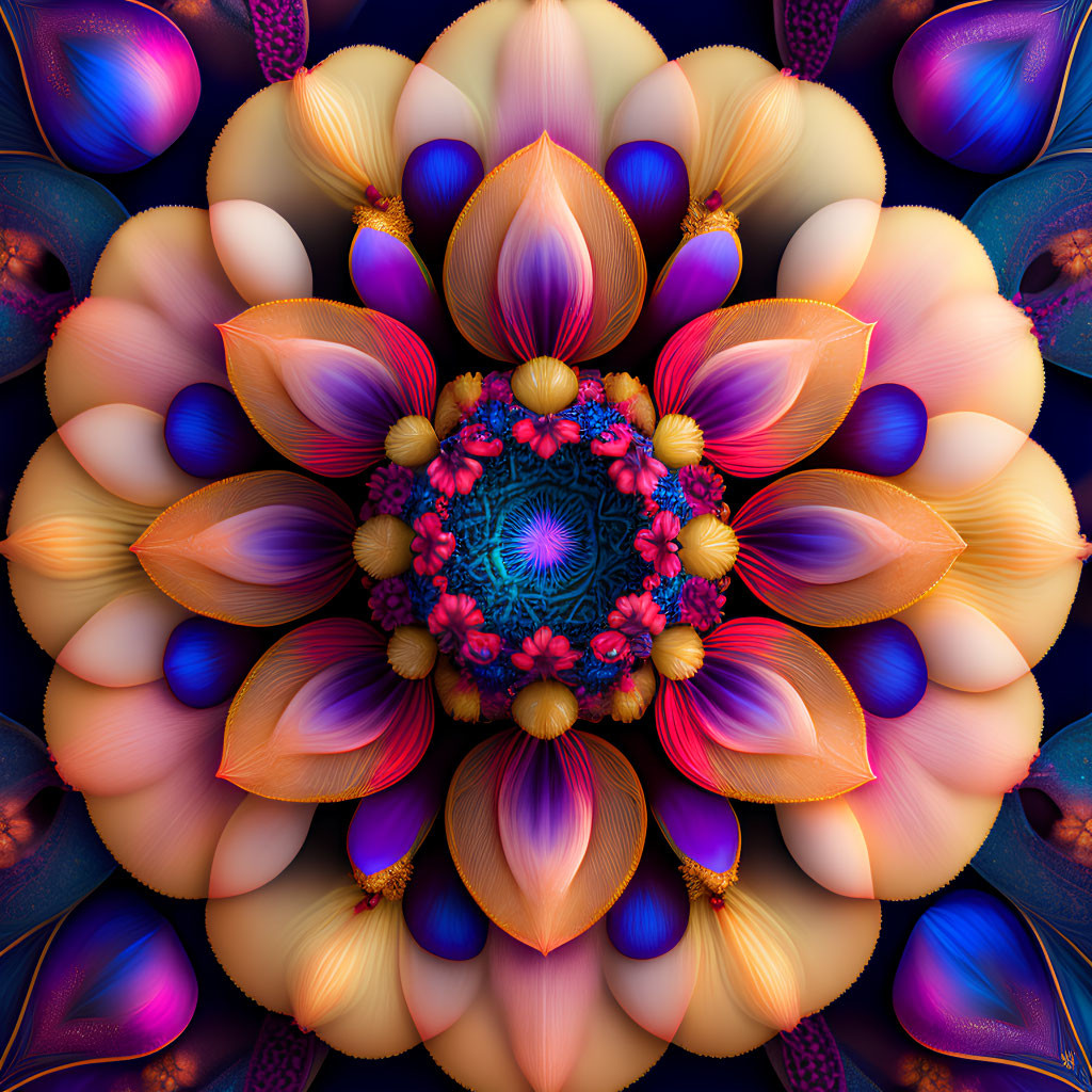 Symmetrical digital artwork with mandala-like design in blue, orange, and purple.