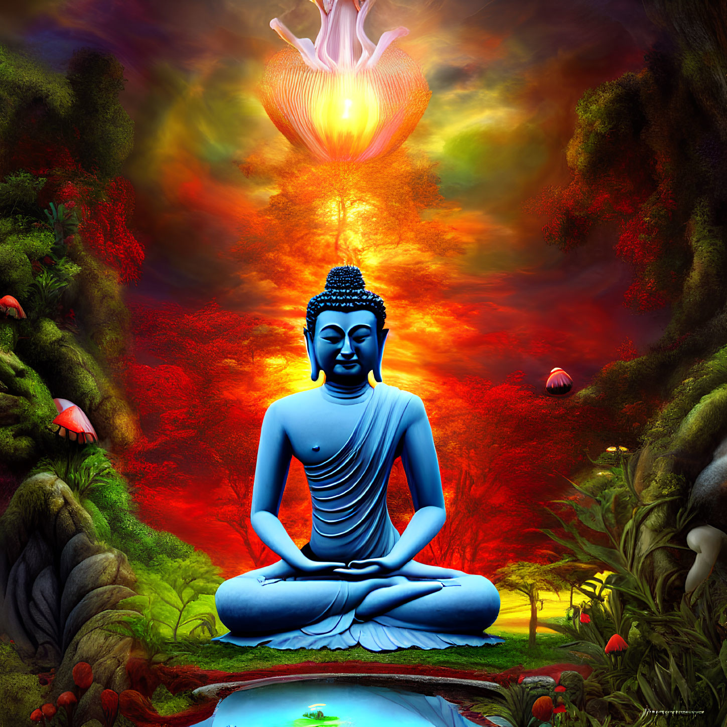 Tranquil Buddha meditation scene by reflective pond with glowing lotus in mystical setting
