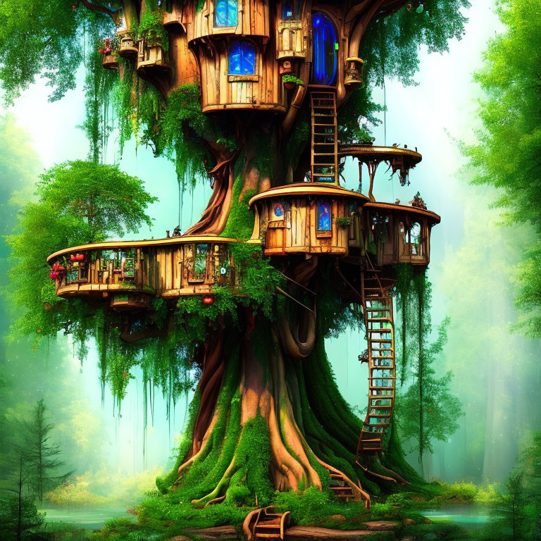Fantastical multi-level treehouse with glowing windows in lush forest