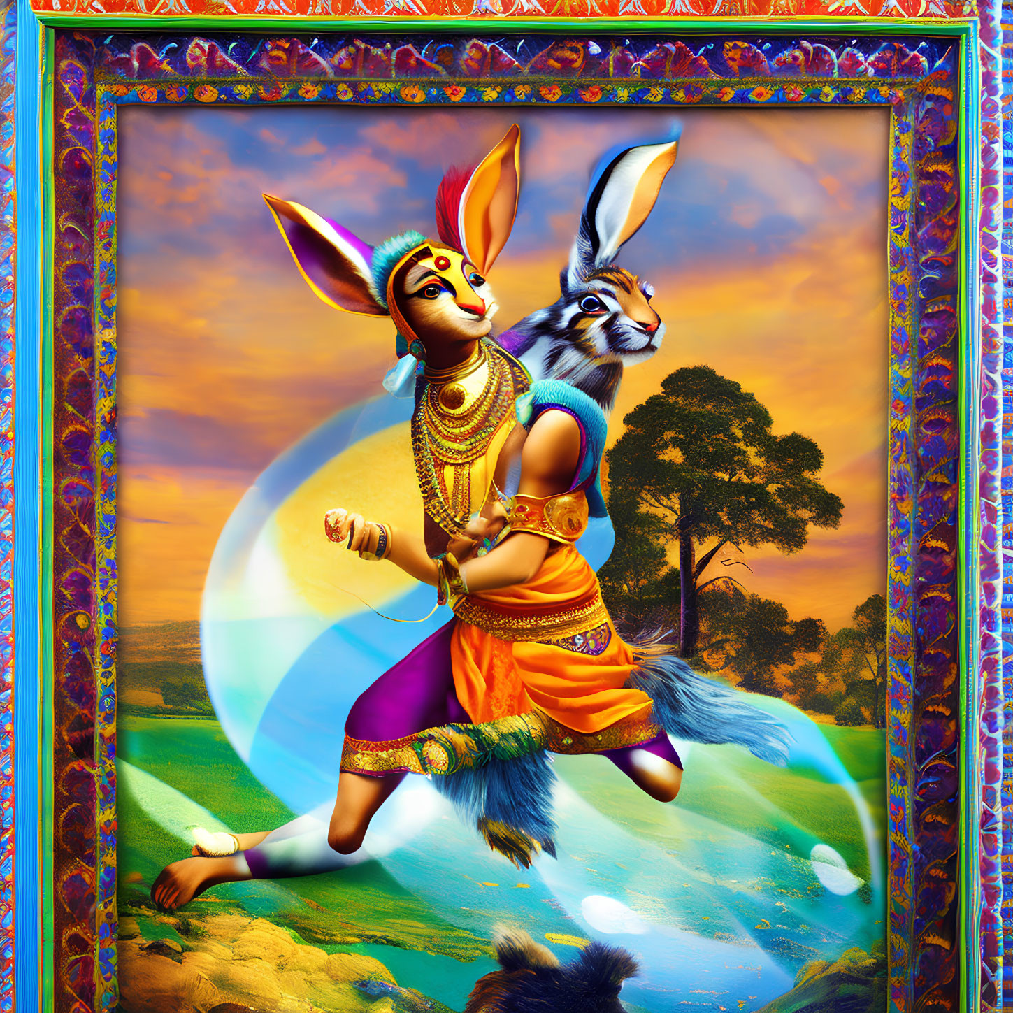 Vibrant Lord Hanuman with rabbit head in Indian attire against colorful backdrop