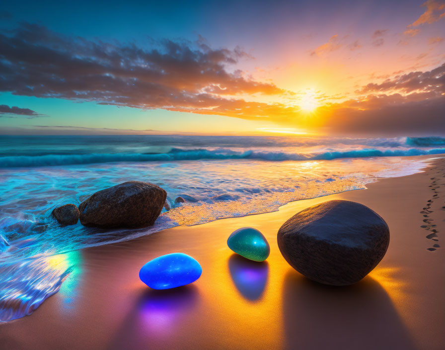 Vibrant sunset beach scene with colorful stones and radiant sky