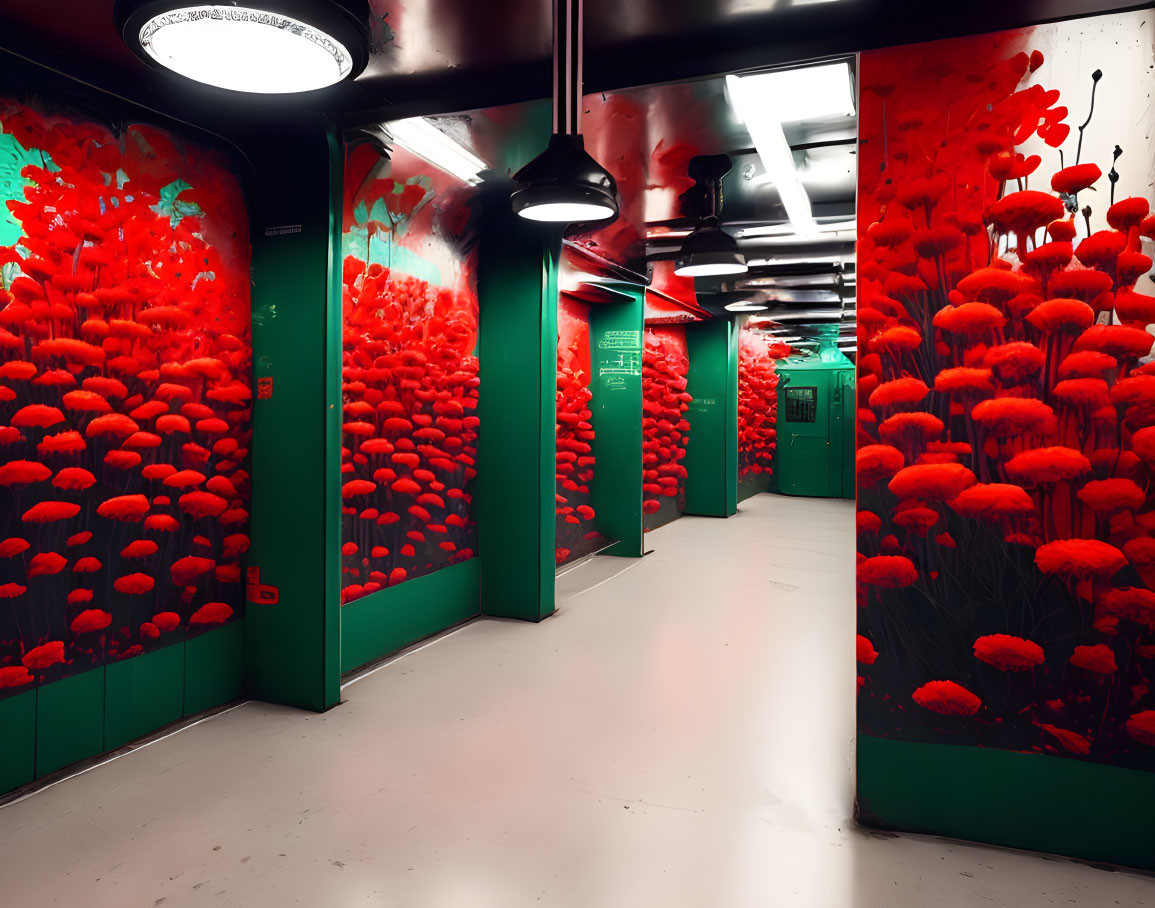 Vivid Surreal Corridor with Green Floors, Red Poppy Walls, and Black Lamps