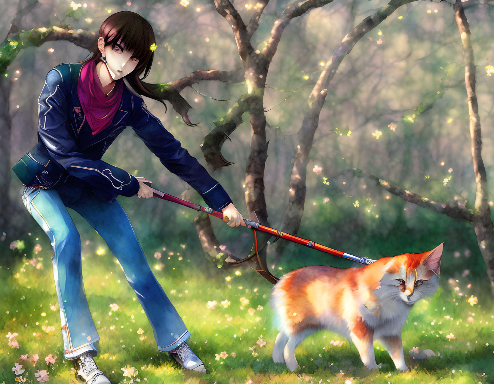 Young woman walks fox-like creature in cherry blossom forest