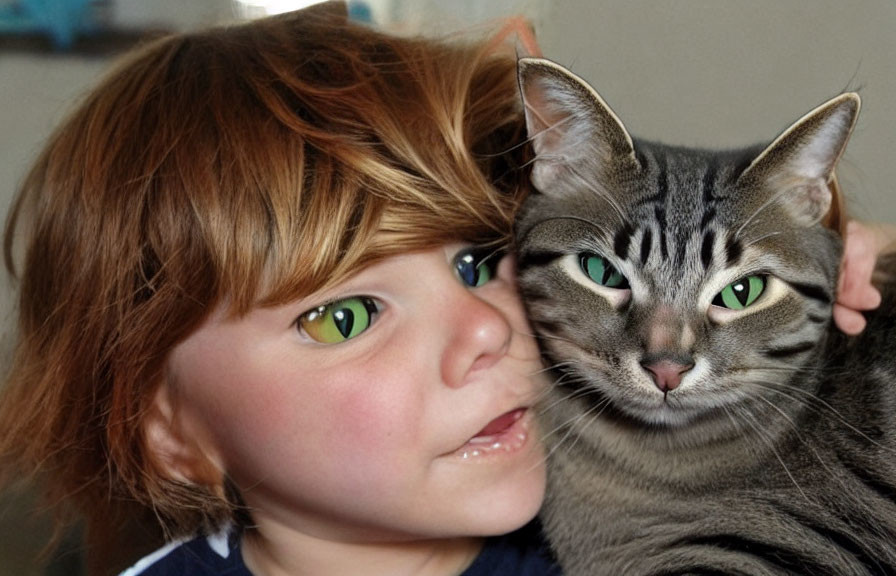 Child with Green Eyes Smiling Near Tabby Cat