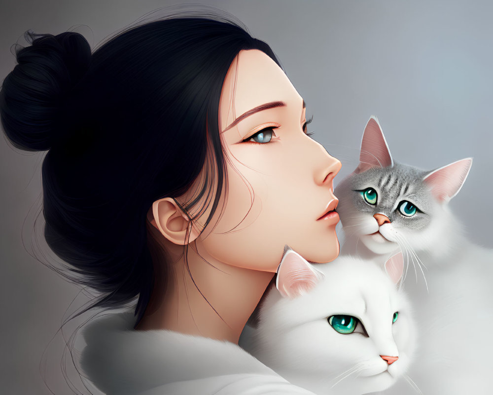 Woman with bun hairstyle holding two white cats on gray background