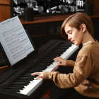 Elegant woman playing grand piano with mystical book in luxurious setting