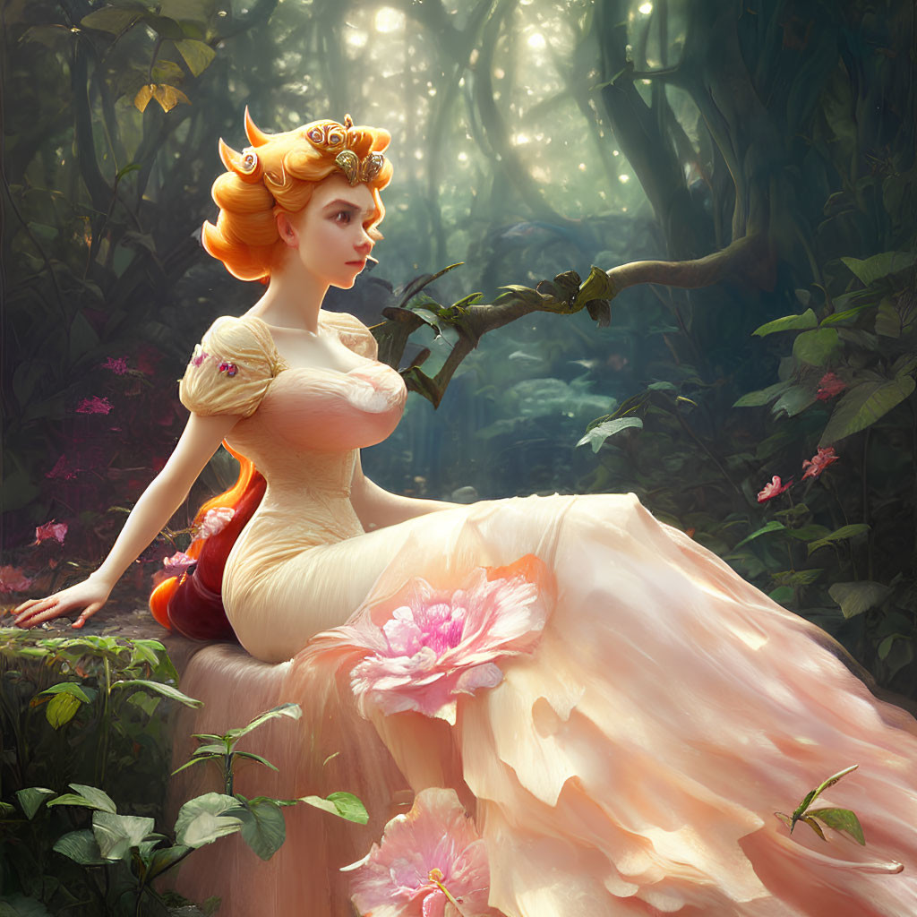 Illustrated woman in elegant attire in sunlit forest with fantasy elements