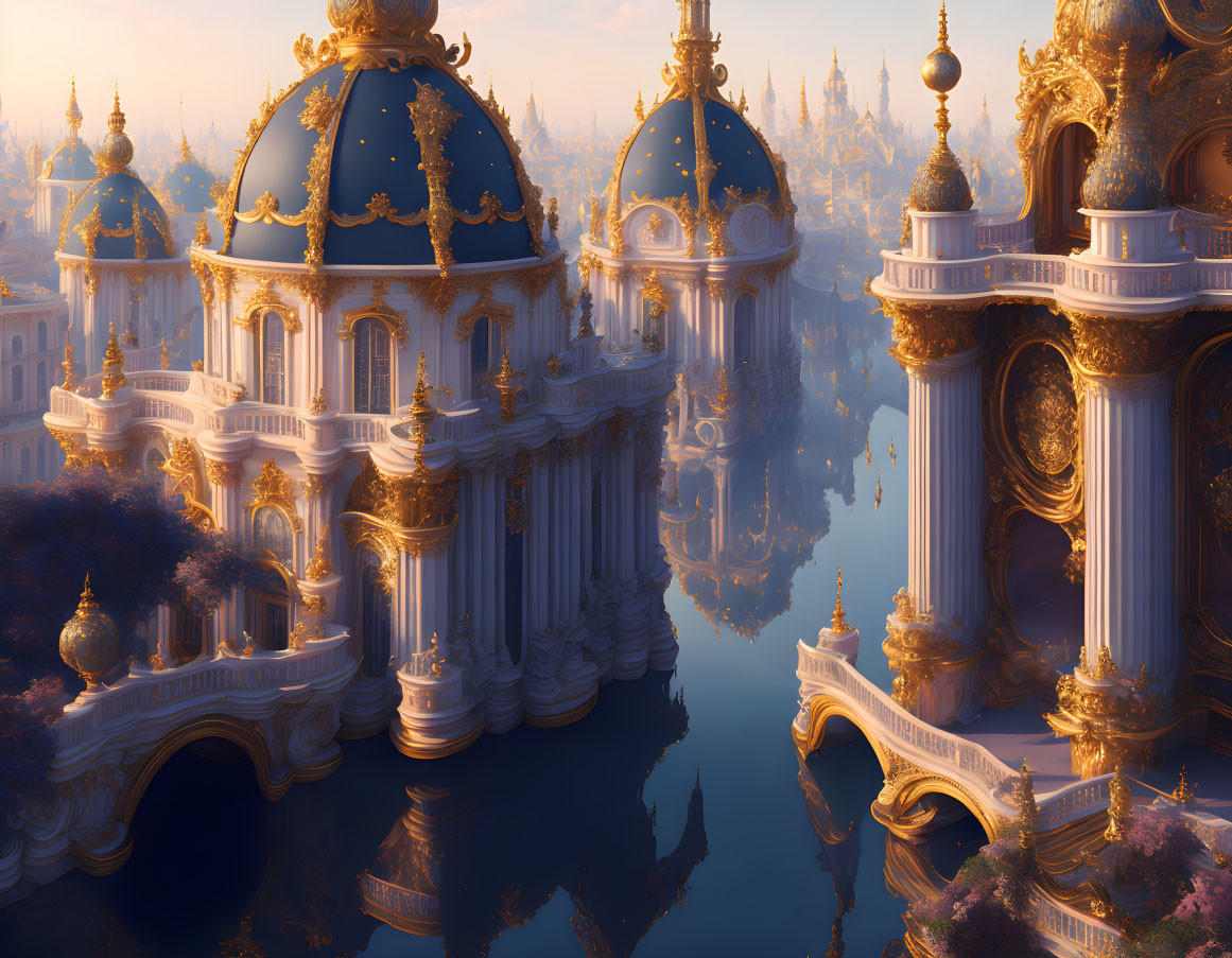 Baroque-style palace with golden domes and intricate decorations reflected in calm waters