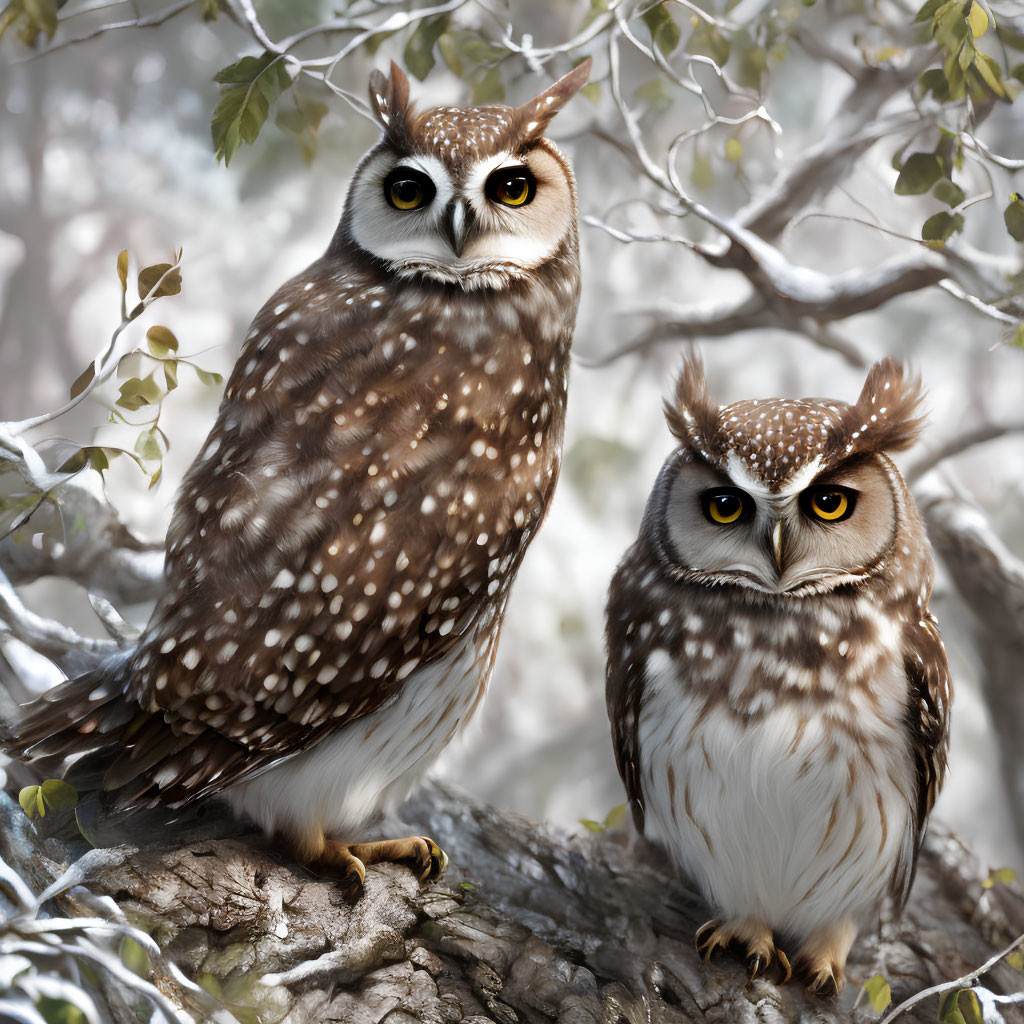 Spotted owls perched on branch in leafy foliage