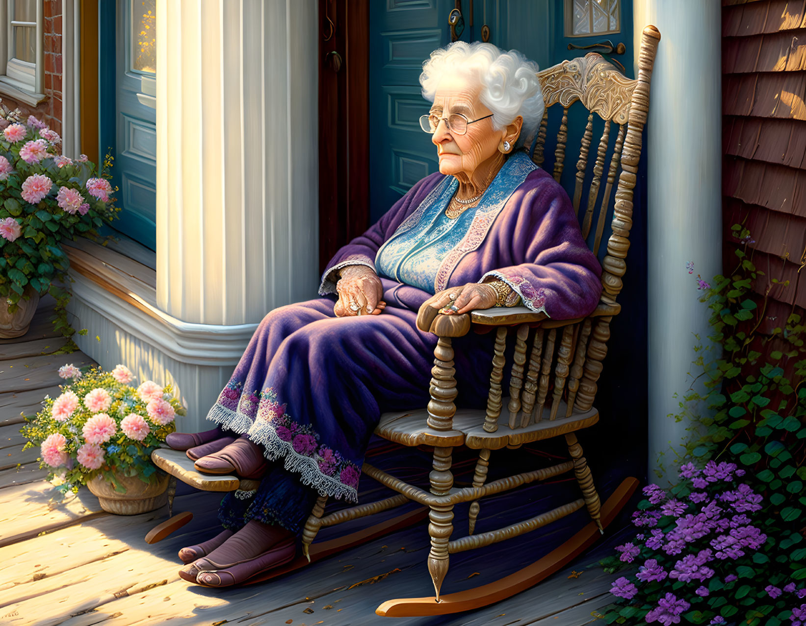 Elderly lady with white hair sitting on a porch with blooming flowers