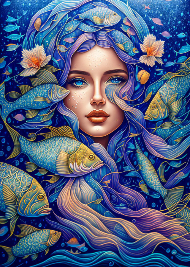 Vibrant illustration of woman with blue hair and fish in cosmic aquatic setting