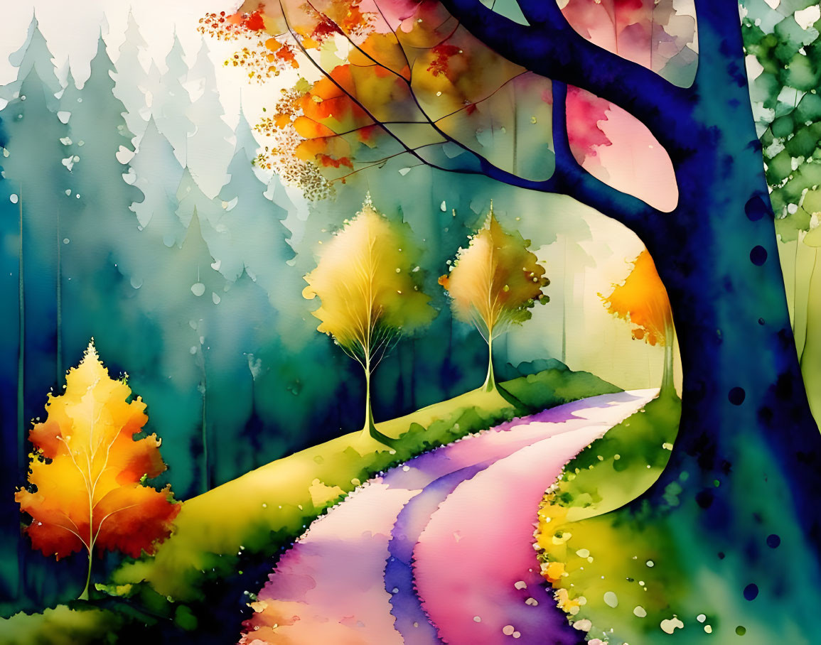 Colorful Watercolor Landscape with Winding Path Through Forest