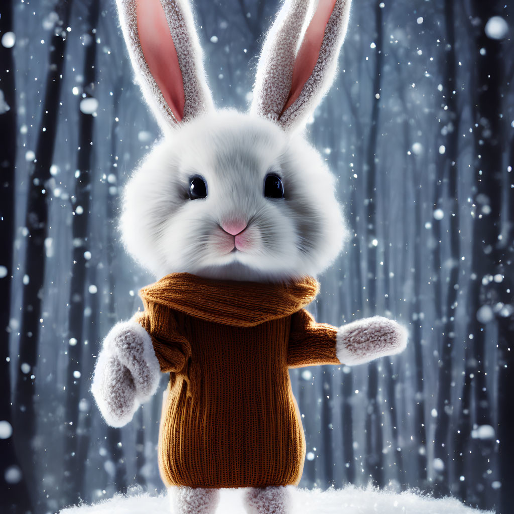 Large-eared animated rabbit in brown sweater in snowy scene
