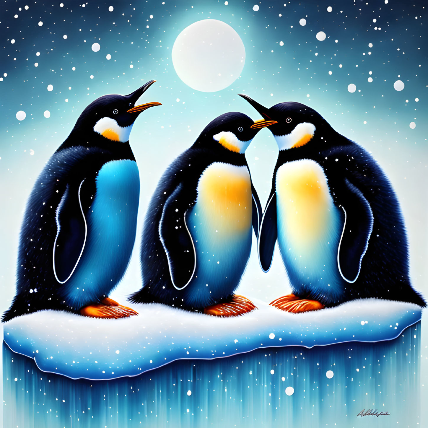 Stylized penguins on ice under full moon and snowflakes