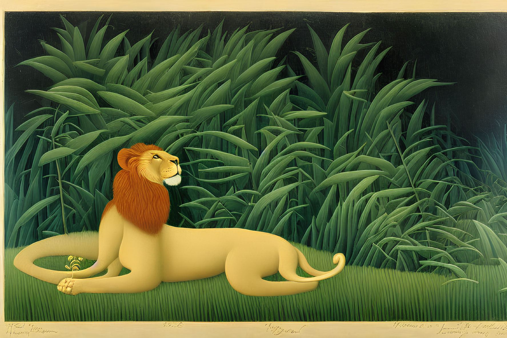 Serene lion and frog in lush green field painting with flat perspective