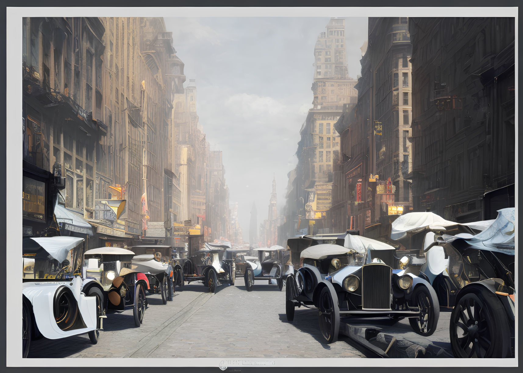 Vintage cars and tall buildings on early 20th-century city street